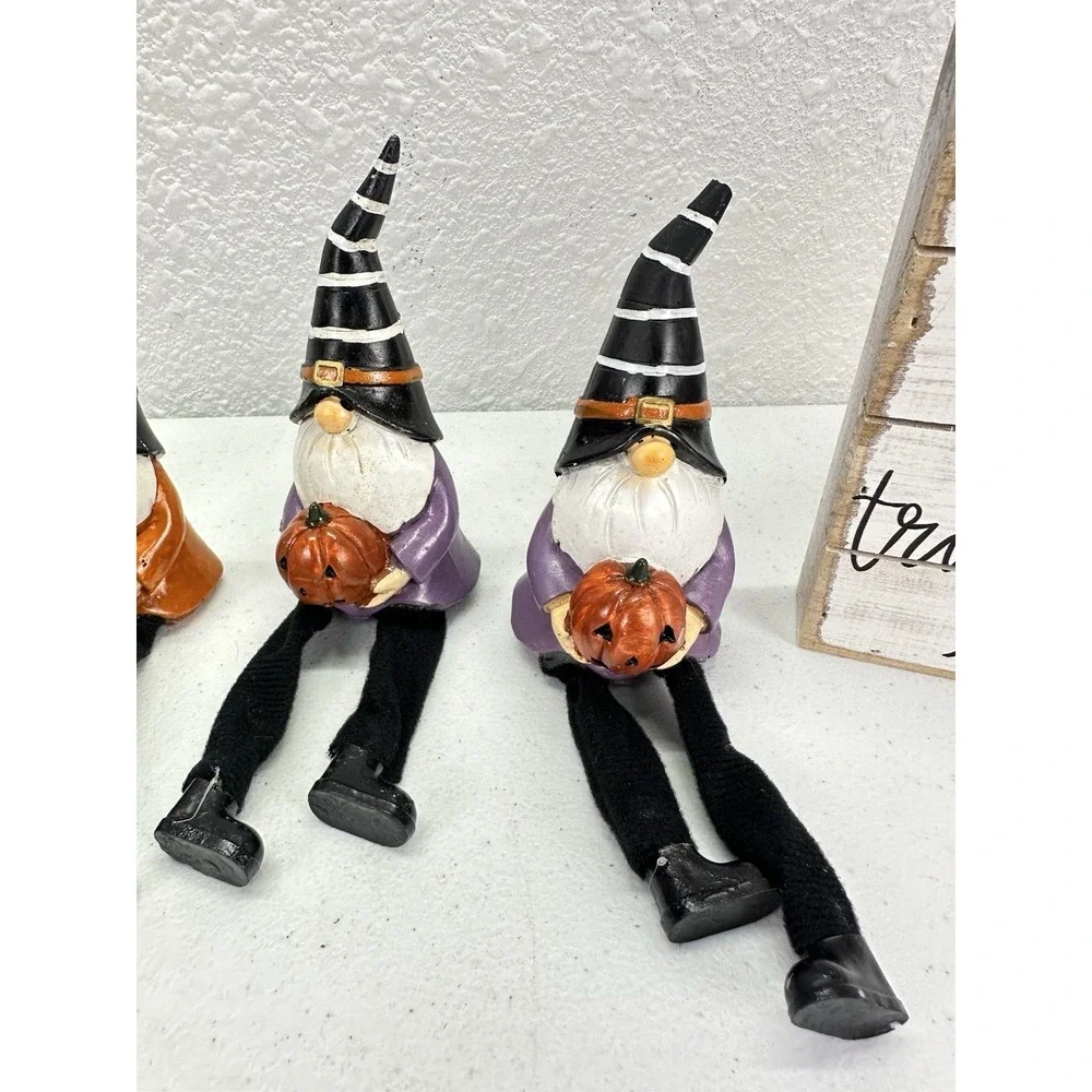 Halloween Gnome Decor Lot 6 Witch Gnomes Dangly Legs Pumpkins Skulls